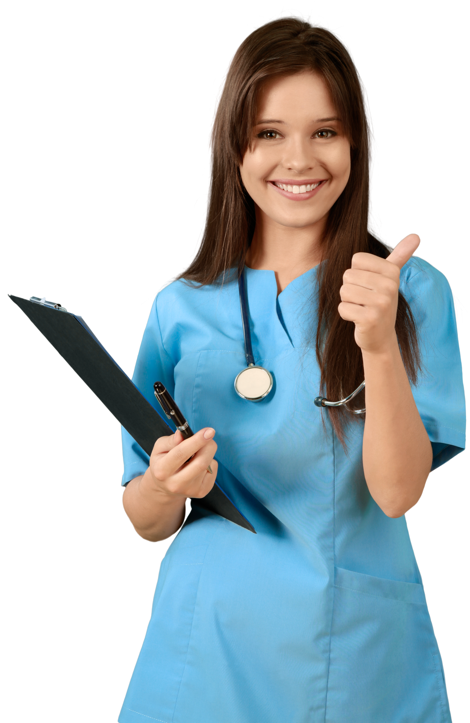 Young Nurse with Thumb up Holding Clipboard - Isolated